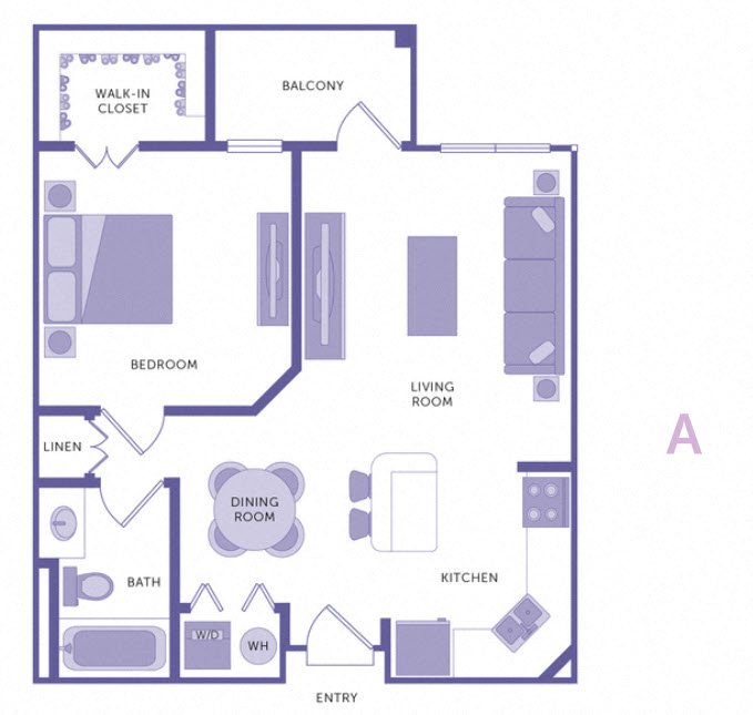 Floor plan for 1 bed, 1 bath, 604 sqft